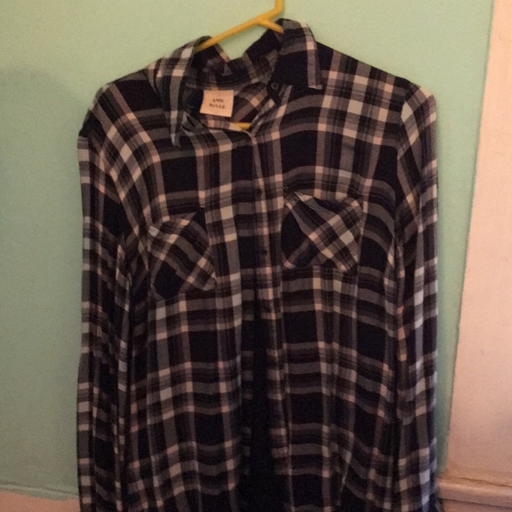 Navy blue and white flannel with design in back